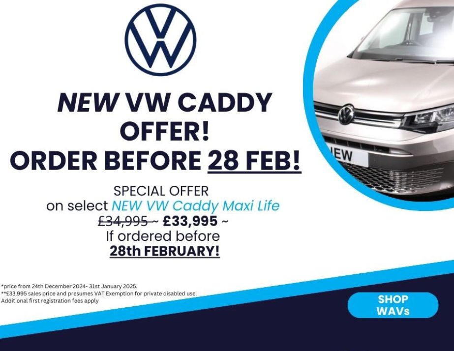 Picitre of VW Caddy and text saying VW WAVS FOR £33,995